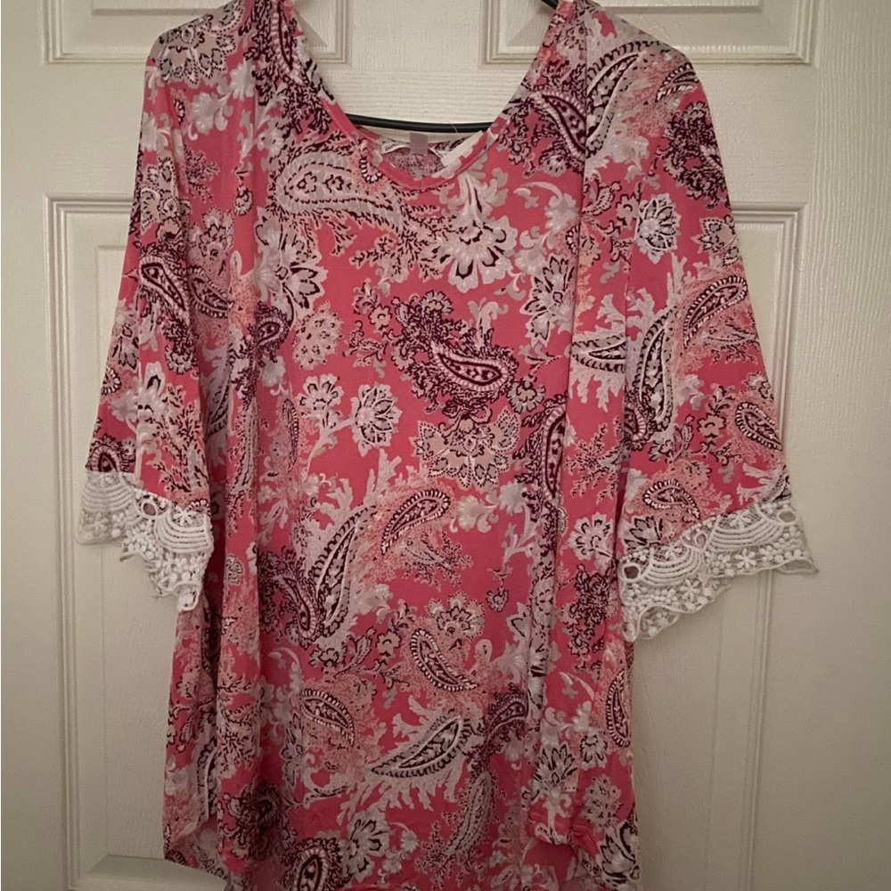 Elegant Pink Paisley Blouse with Lace Detail
